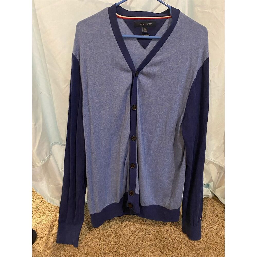 Tommy Hilfiger Men's Blue Cardigan Sweater‎ Sz L Button-Down Front preppy tennis